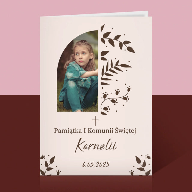 Zdjęcie i Podpis: Pierwsza Komunia Święta Listki - Kartka z Życzeniami