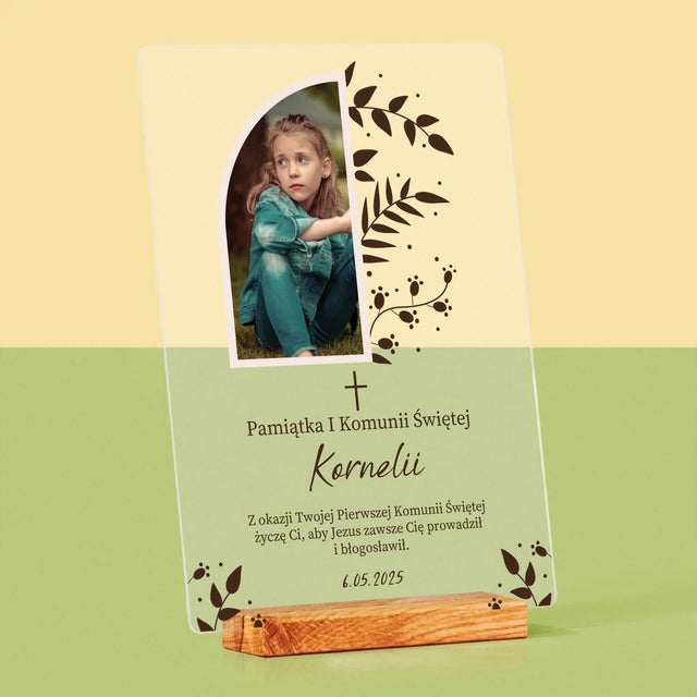 Zdjęcie i Podpis: Pierwsza Komunia Święta Listki - Wydruk Na Szkle Akrylowym