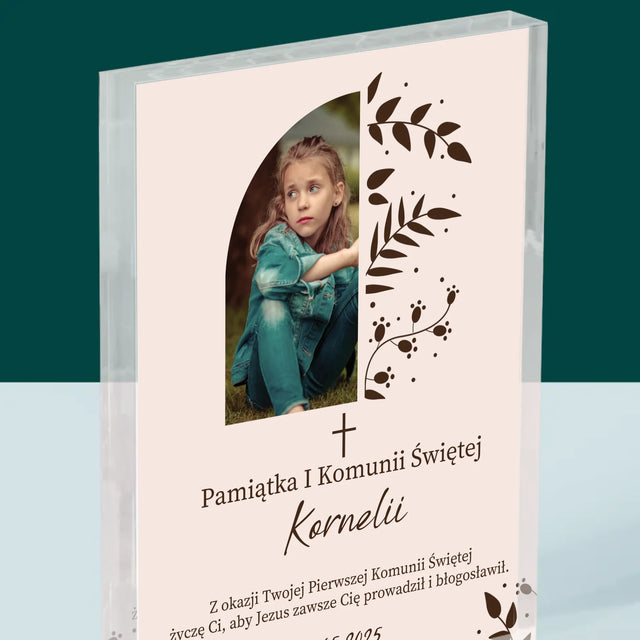 Zdjęcie i Podpis: Pierwsza Komunia Święta Listki - Blok Akrylowy z Nadrukiem