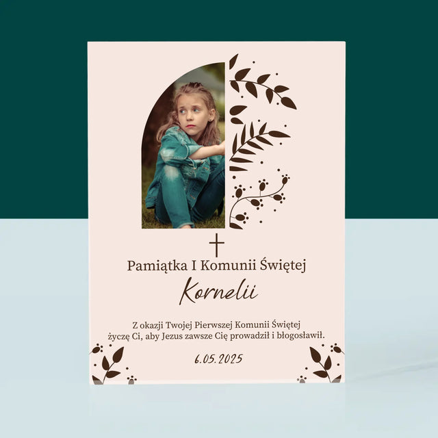 Zdjęcie i Podpis: Pierwsza Komunia Święta Listki - Blok Akrylowy z Nadrukiem