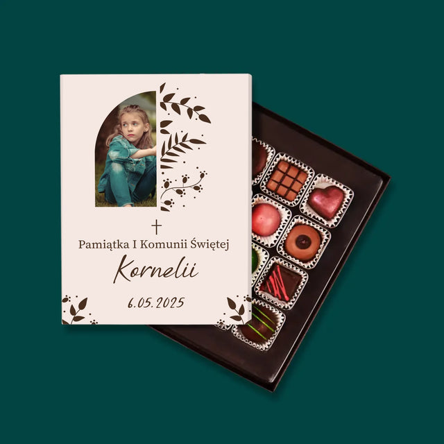 Zdjęcie i Podpis: Pierwsza Komunia Święta Listki - Personalizowane Praliny