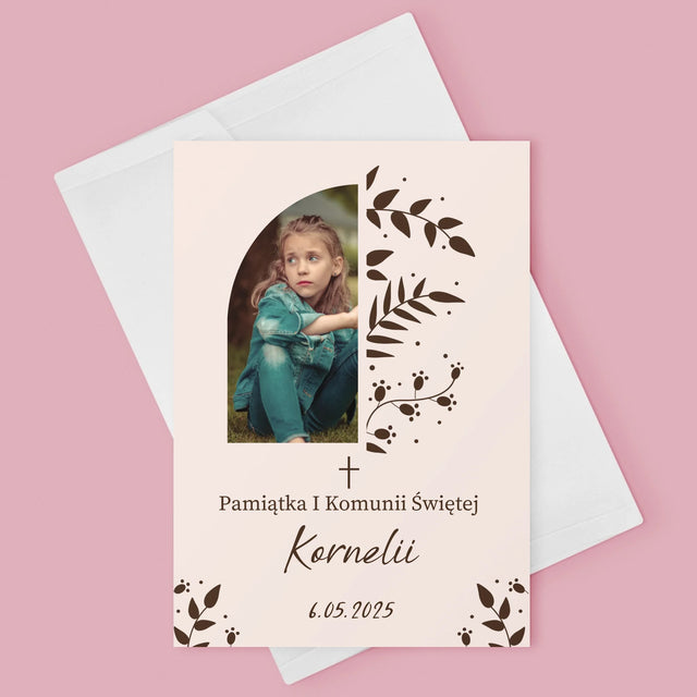 Zdjęcie i Podpis: Pierwsza Komunia Święta Listki - Kartka z Życzeniami