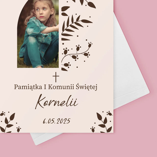 Zdjęcie i Podpis: Pierwsza Komunia Święta Listki - Kartka z Życzeniami