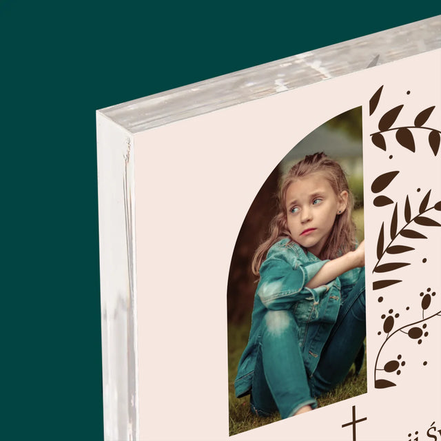 Zdjęcie i Podpis: Pierwsza Komunia Święta Listki - Blok Akrylowy z Nadrukiem