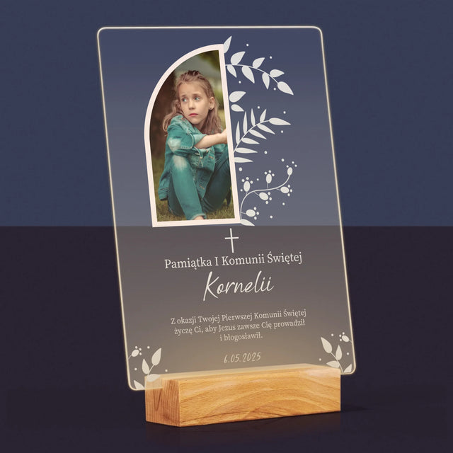 Zdjęcie i Podpis: Pierwsza Komunia Święta Listki - Wydruk Na Szkle Akrylowym