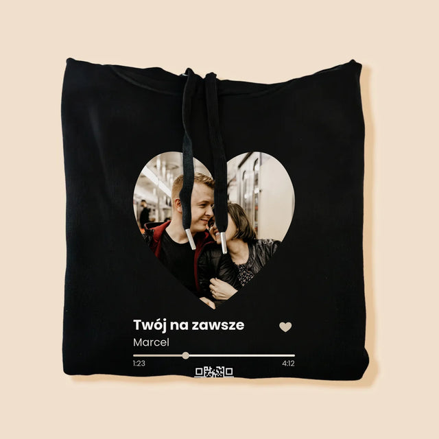 Zdjęcie i Podpis: Nasza Piosenka Serce Kod Qr - Bluza Męska z Kapturem