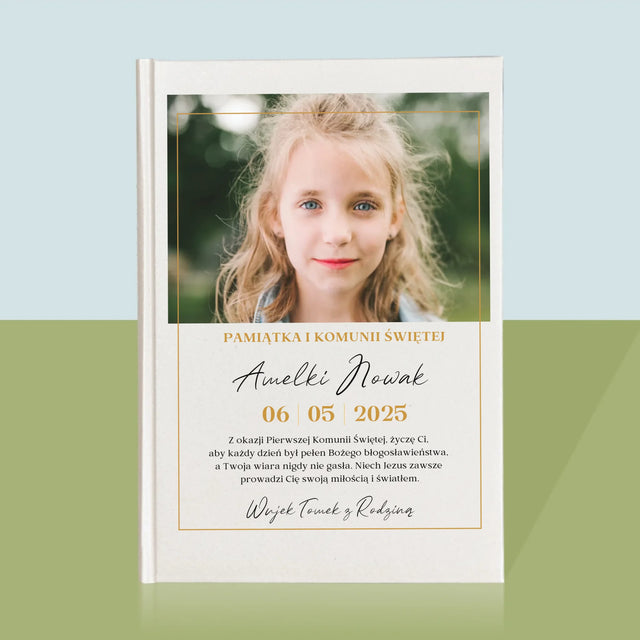 Zdjęcie i Podpis: Życzenia z Okazji Pierwszej Komunii Świętej - Biblia z Nadrukiem