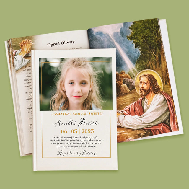 Zdjęcie i Podpis: Życzenia z Okazji Pierwszej Komunii Świętej - Biblia z Nadrukiem