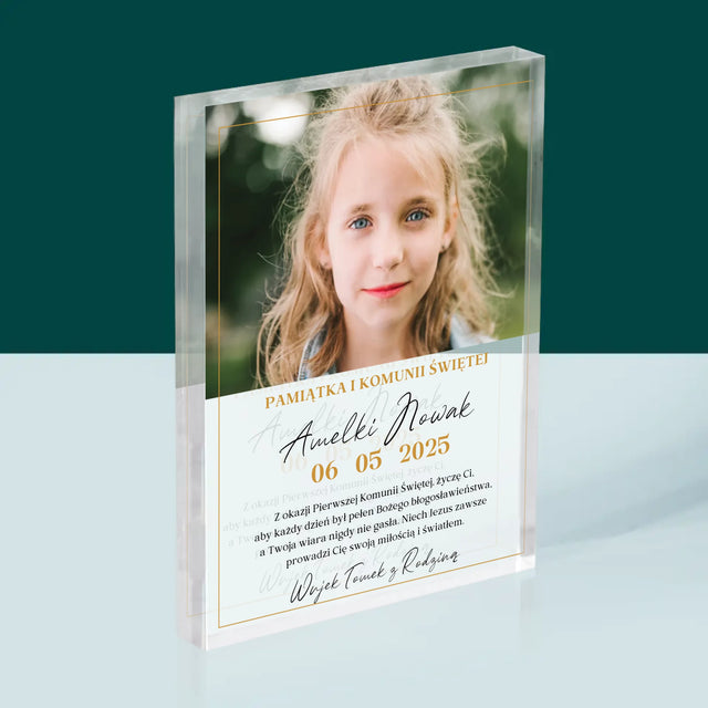 Zdjęcie i Podpis: Życzenia z Okazji Pierwszej Komunii Świętej - Blok Akrylowy z Nadrukiem