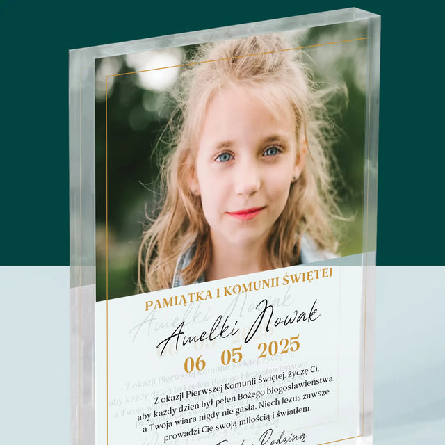 Zdjęcie i Podpis: Życzenia z Okazji Pierwszej Komunii Świętej - Blok Akrylowy z Nadrukiem