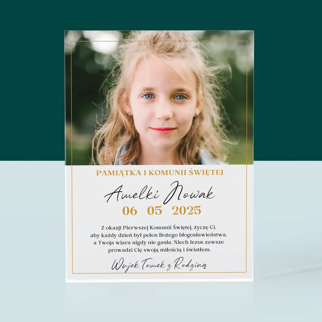 Zdjęcie i Podpis: Życzenia z Okazji Pierwszej Komunii Świętej - Blok Akrylowy z Nadrukiem