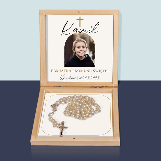 Zdjęcie i Podpis: Pamiątka Komunii Klasyczna - Różaniec w Pudełku