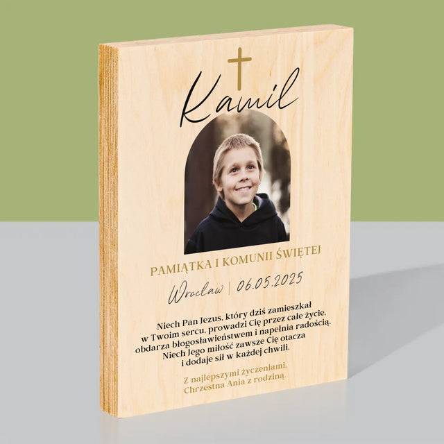 Zdjęcie i Podpis: Pamiątka Komunii Klasyczna - Wydruk Na Drewnie