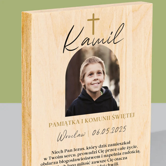 Zdjęcie i Podpis: Pamiątka Komunii Klasyczna - Wydruk Na Drewnie