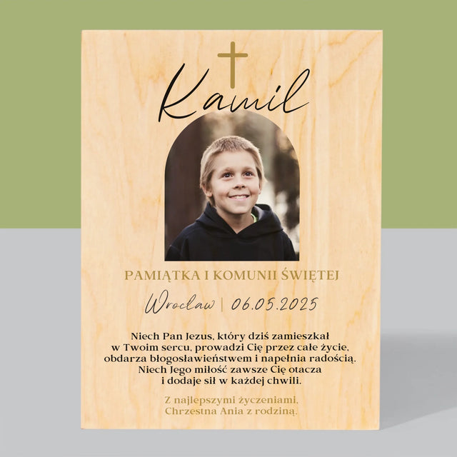 Zdjęcie i Podpis: Pamiątka Komunii Klasyczna - Wydruk Na Drewnie