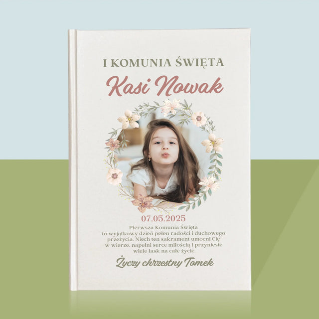 Zdjęcie i Podpis: Pierwsza Komunia Kwiaty - Biblia z Nadrukiem