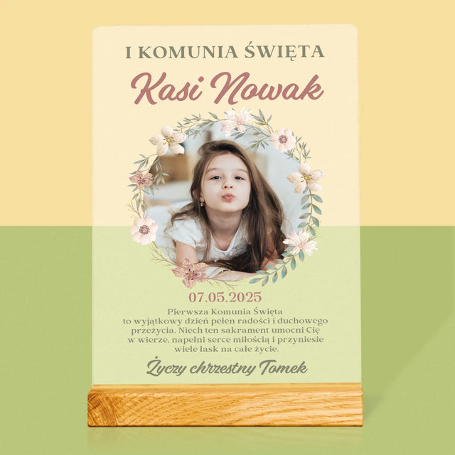 Zdjęcie i Podpis: Pierwsza Komunia Kwiaty - Wydruk Na Szkle Akrylowym