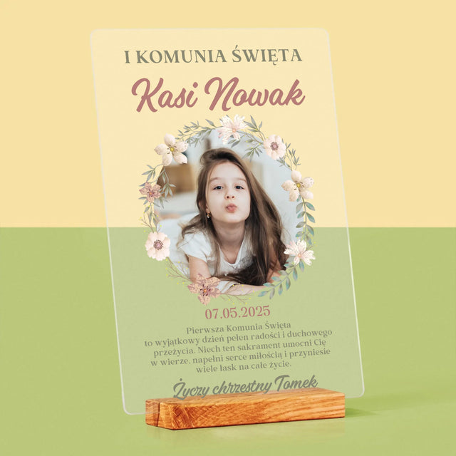 Zdjęcie i Podpis: Pierwsza Komunia Kwiaty - Wydruk Na Szkle Akrylowym