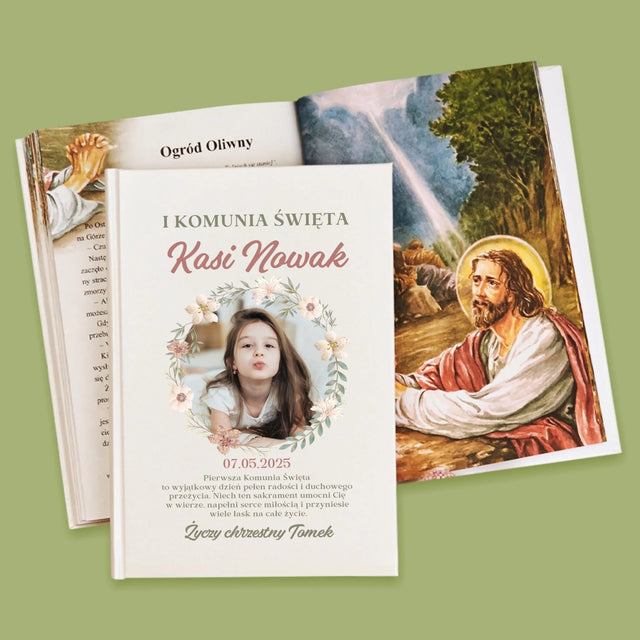 Zdjęcie i Podpis: Pierwsza Komunia Kwiaty - Biblia z Nadrukiem