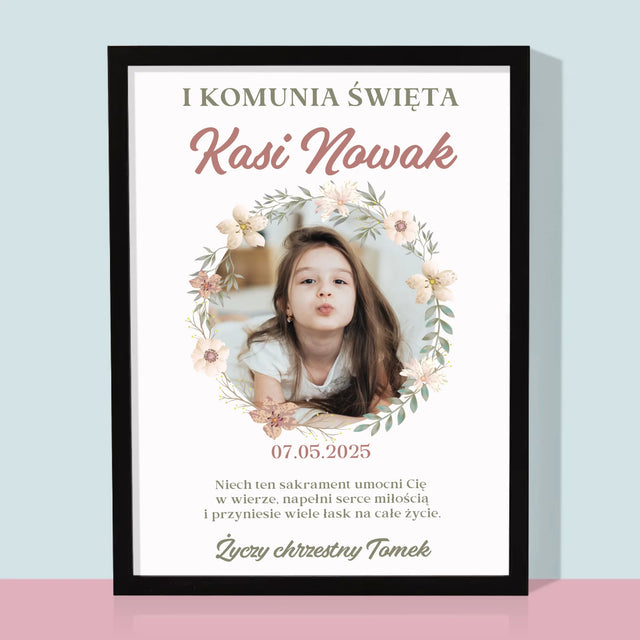 Zdjęcie i Podpis: Pierwsza Komunia Kwiaty - Wydruk Obramowany