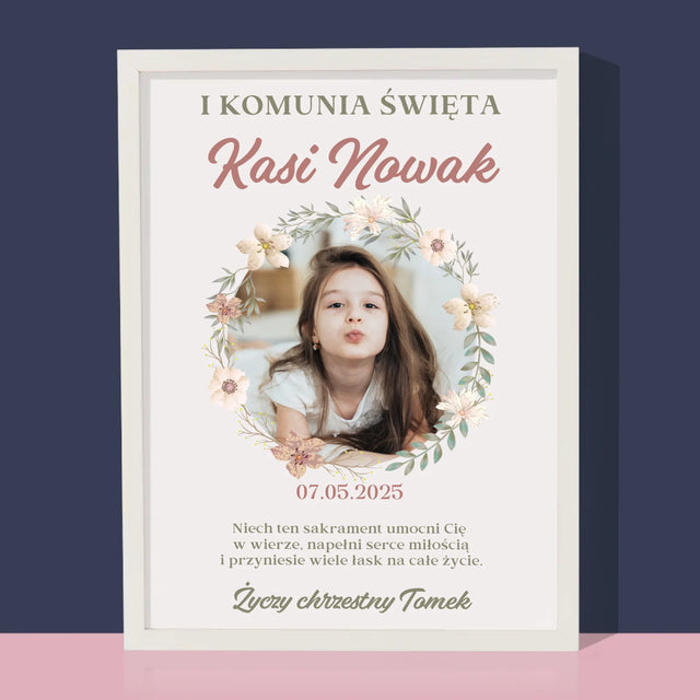 Zdjęcie i Podpis: Pierwsza Komunia Kwiaty - Wydruk Obramowany