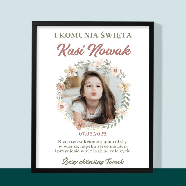 Zdjęcie i Podpis: Pierwsza Komunia Kwiaty - Wydruk Obramowany