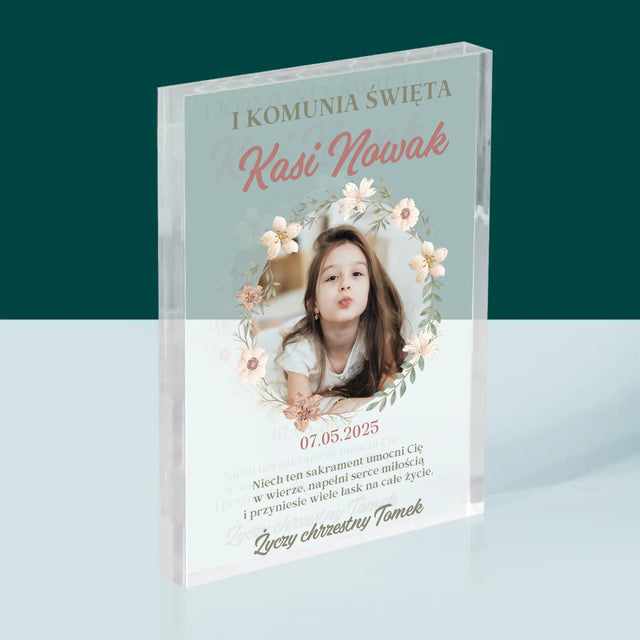 Zdjęcie i Podpis: Pierwsza Komunia Kwiaty - Blok Akrylowy z Nadrukiem