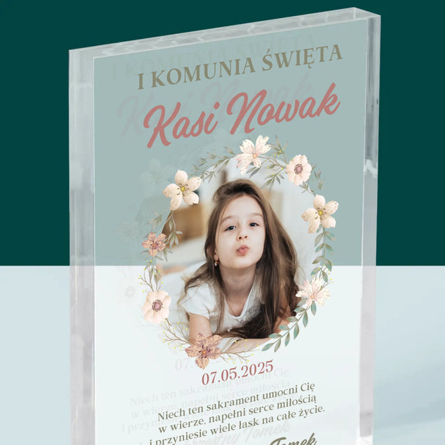 Zdjęcie i Podpis: Pierwsza Komunia Kwiaty - Blok Akrylowy z Nadrukiem
