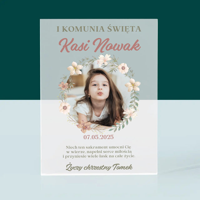 Zdjęcie i Podpis: Pierwsza Komunia Kwiaty - Blok Akrylowy z Nadrukiem