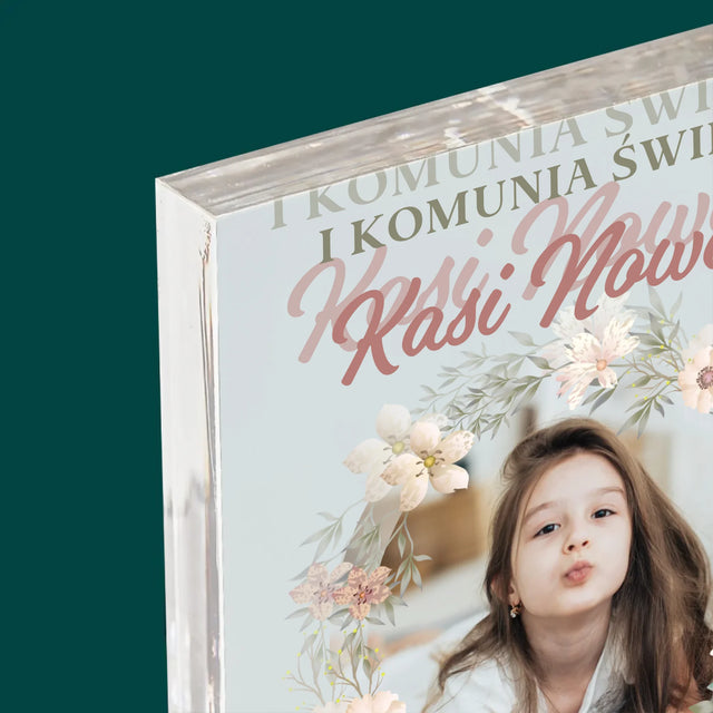 Zdjęcie i Podpis: Pierwsza Komunia Kwiaty - Blok Akrylowy z Nadrukiem