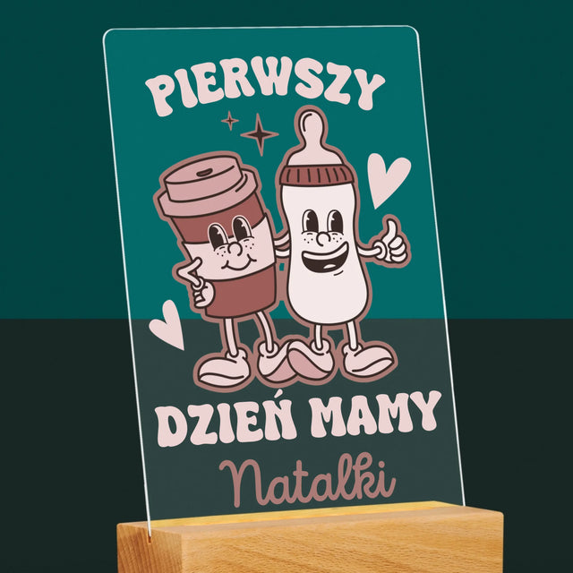 Imię i Podpis: Pierwszy Dzień Mamy Kawa Mleko - Wydruk Na Szkle Akrylowym