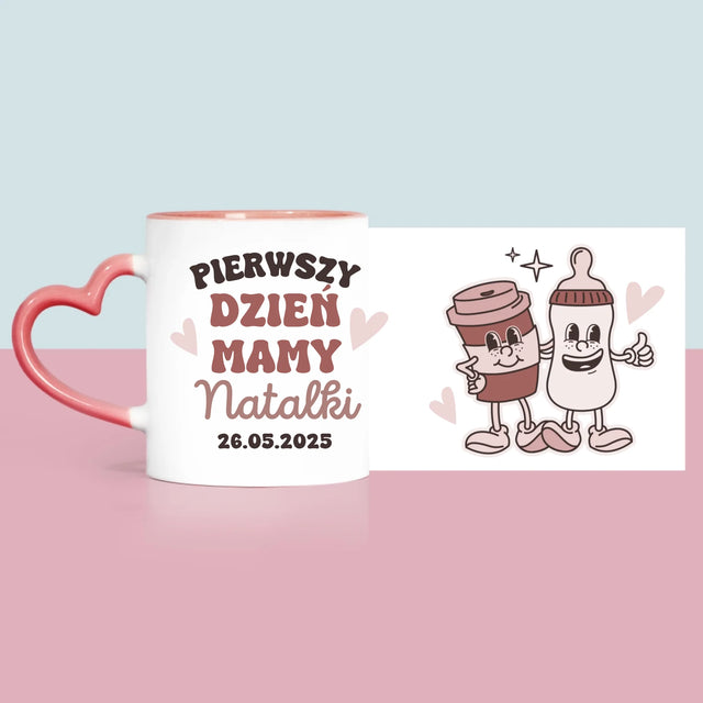 Imię i Podpis: Pierwszy Dzień Mamy Kawa Mleko - Kubek z Nadrukiem