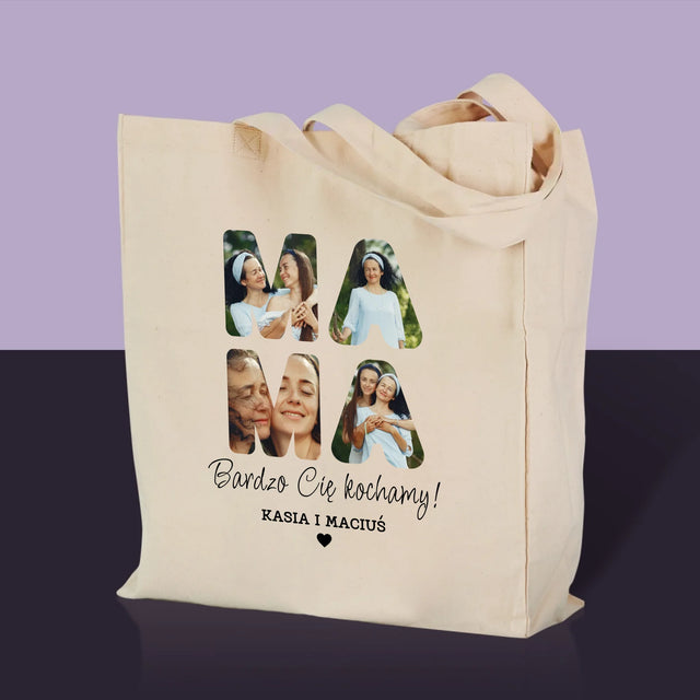 Słowo Ze Zdjęć: Mamo Bardzo Cię Kochamy - Torba Płócienna z Nadrukiem