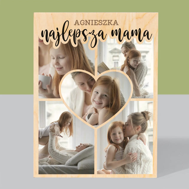 Fotokolaż: Najlepsza Mama Serce - Wydruk na Drewnie