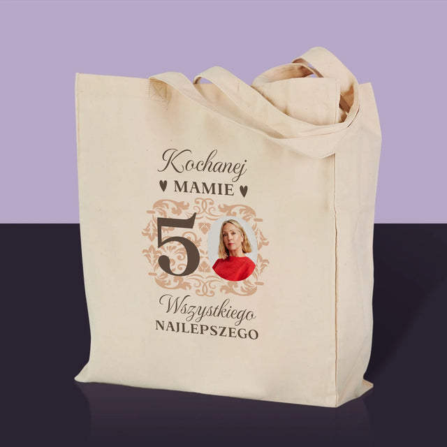Zdjęcie I Podpis: Kochanej Mamie Z Okazji 50 Urodzin - Torba Płócienna z Nadrukiem