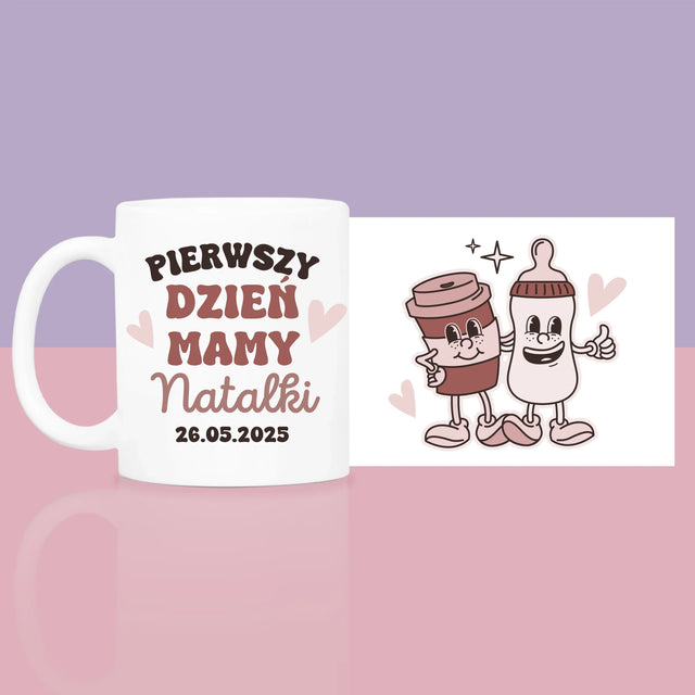 Imię i Podpis: Pierwszy Dzień Mamy Kawa Mleko - Zestaw prezentowy z kubkiem i różanym spa