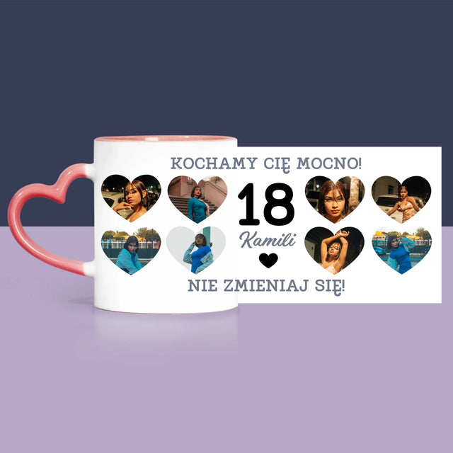 Fotokolaż: 18 Serca - Zestaw Prezentowy z Kubkiem, Misiem i Słodkościami