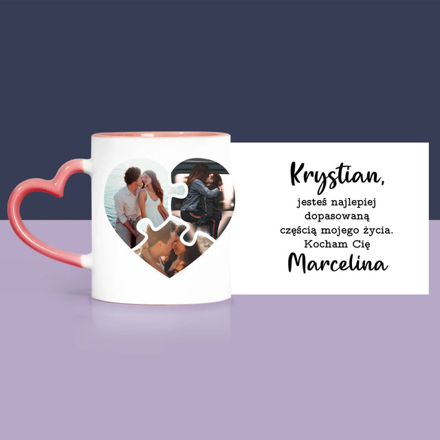 Fotokolaż: Walentynkowe Puzzle - Zestaw Prezentowy z Kubkiem, Misiem i Słodkościami