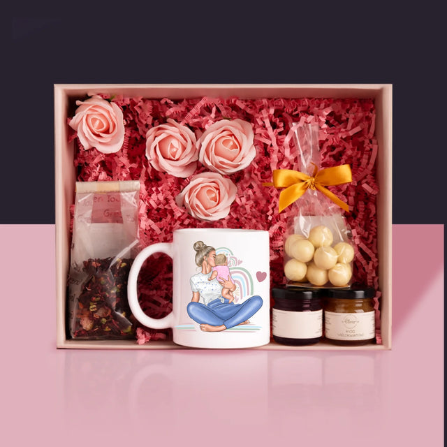 Kreator Postaci: Młoda Mama - Zestaw prezentowy z kubkiem, herbatą i słodkościami