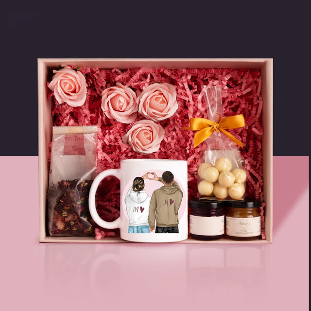Kreator Postaci: Para Serce - Zestaw prezentowy z kubkiem, herbatą i słodkościami