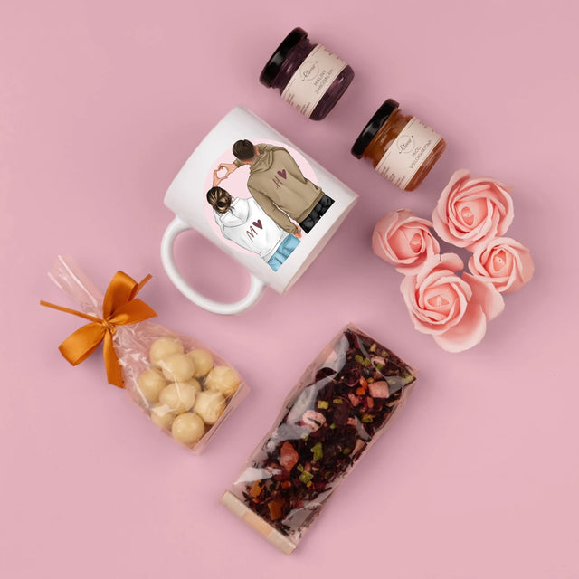 Kreator Postaci: Para Serce - Zestaw prezentowy z kubkiem, herbatą i słodkościami