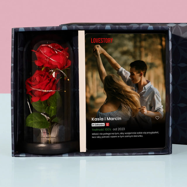 Zdjęcie i Podpis: Plakat Netflix - Zestaw Prezentowy z Wydrukiem Na Szkle i Wieczną Różą