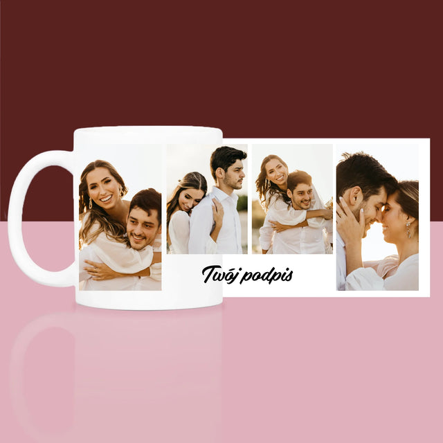 Fotokolaż: 4 Zdjęcia i Podpis - Zestaw prezentowy z kubkiem i satynową opaską