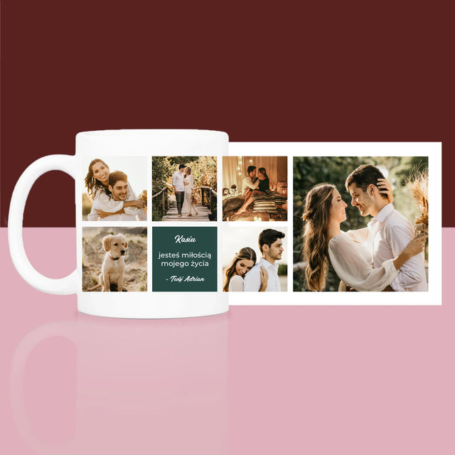 Fotokolaż: Miłosny - Zestaw prezentowy z kubkiem i satynową opaską