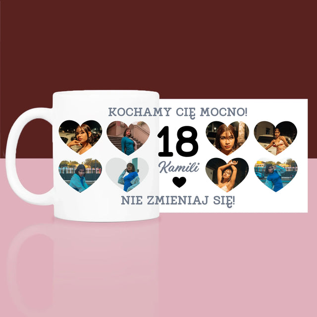 Fotokolaż: 18 Serca - Zestaw prezentowy z kubkiem i satynową opaską