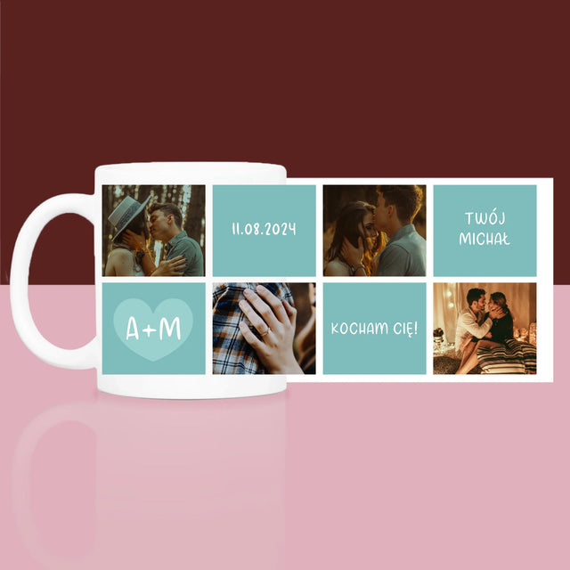 Fotokolaż: Kocham Cię Inicjały - Zestaw prezentowy z kubkiem i satynową opaską