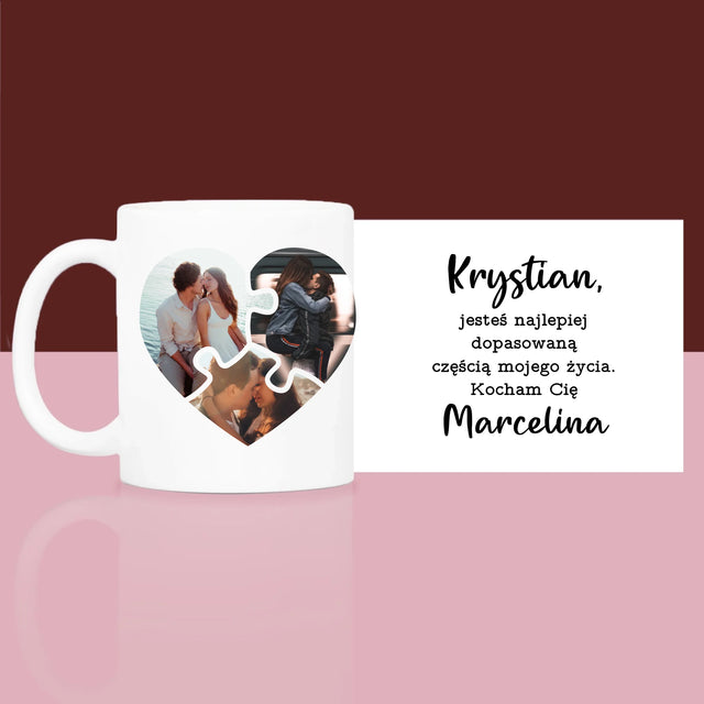 Fotokolaż: Walentynkowe Puzzle - Zestaw prezentowy z kubkiem i satynową opaską