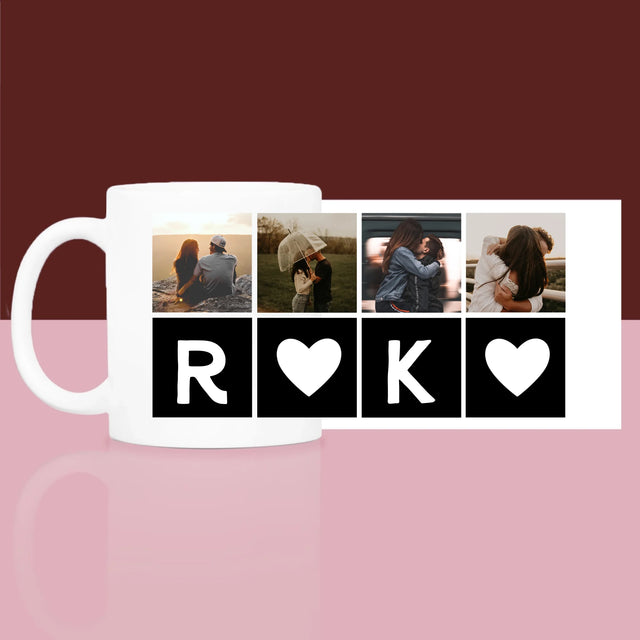 Fotokolaż: Miłosne Monogramy Ze Zdjęciami - Zestaw prezentowy z kubkiem i satynową opaską