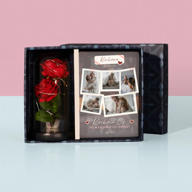 Fotokolaż: Kocham Cię Mamo - Zestaw Prezentowy z Wydrukiem Na Szkle i Wieczną Różą