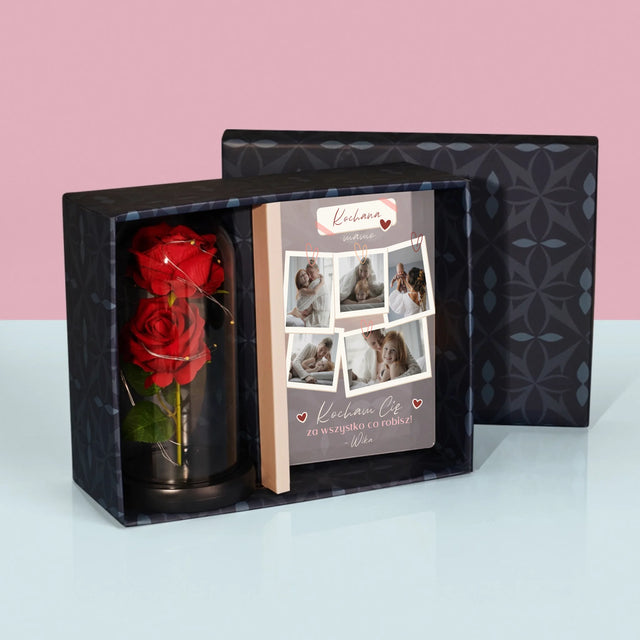Fotokolaż: Kocham Cię Mamo - Zestaw Prezentowy z Wydrukiem Na Szkle i Wieczną Różą